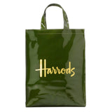 Harrods ハロッズ ゴールドロゴ x シグネチャー グリーン 圧倒的な存在感 定番 人気 クラシックデザイン 雨の日 ビニール Mサイズ ミディアム トートバッグ ハンドバッグ ショッピングバッグ エコバッグ Gold Logo Medium