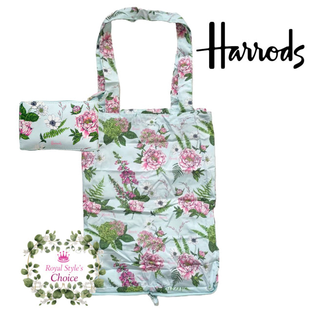 ☆セール☆Harrods ハロッズ リサイクル素材 ブルー メドウ フローラル 携帯 エコバッグ ポケットショッパー 折りたたみバック